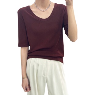 元熙低领修身显瘦短袖T恤女春夏五分袖性感紧身U领上衣打底衫弹力