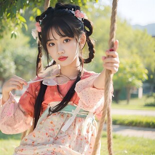 女童汉服宋制连衣裙小女孩唐代古装粉色碎花长袖中国风摄影演出服