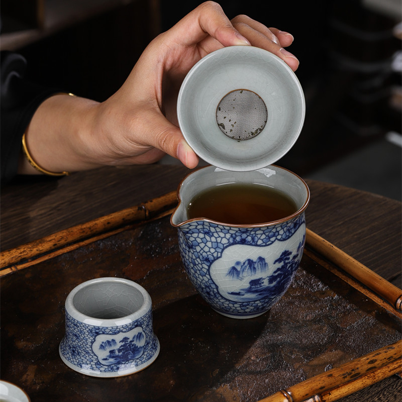 景德镇青花瓷公道杯陶瓷茶具配件匀杯分茶器复古茶海一体茶漏套装