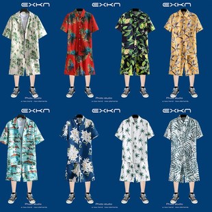 旅游套装2024男女短袖衬衫海边沙滩度假休闲大码短裤五分裤情侣装