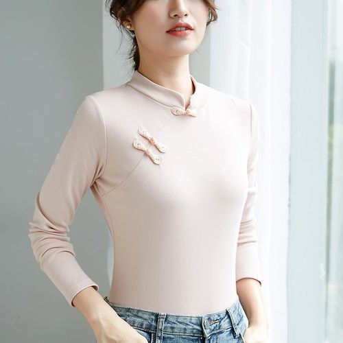 中国风复古改良中式旗袍打底衫秋冬装盘扣上衣纯棉立领长袖t恤女