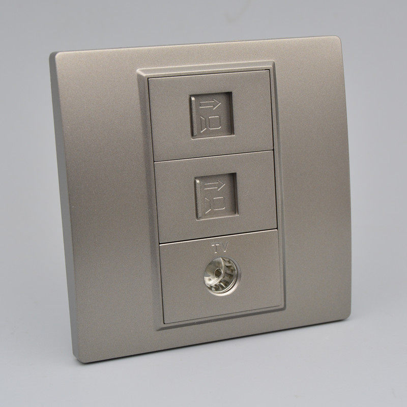 深灰色双电脑TV有线电视面板86型双七类万兆网路宽带TV有线插座