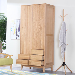 原木日式简约衣橱衣柜两门白橡木北欧卧室全实木家具收纳橱储物柜