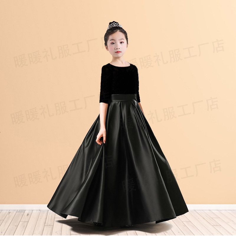 儿童晚礼服黑色女童主持初中生钢琴演出服中大童音乐会小提琴