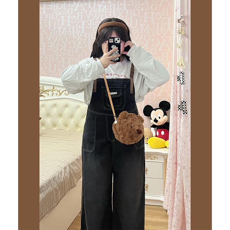 300斤胖mm大码女装遮肚藏肉牛仔背带裤女秋季宽松复古显瘦连体裤