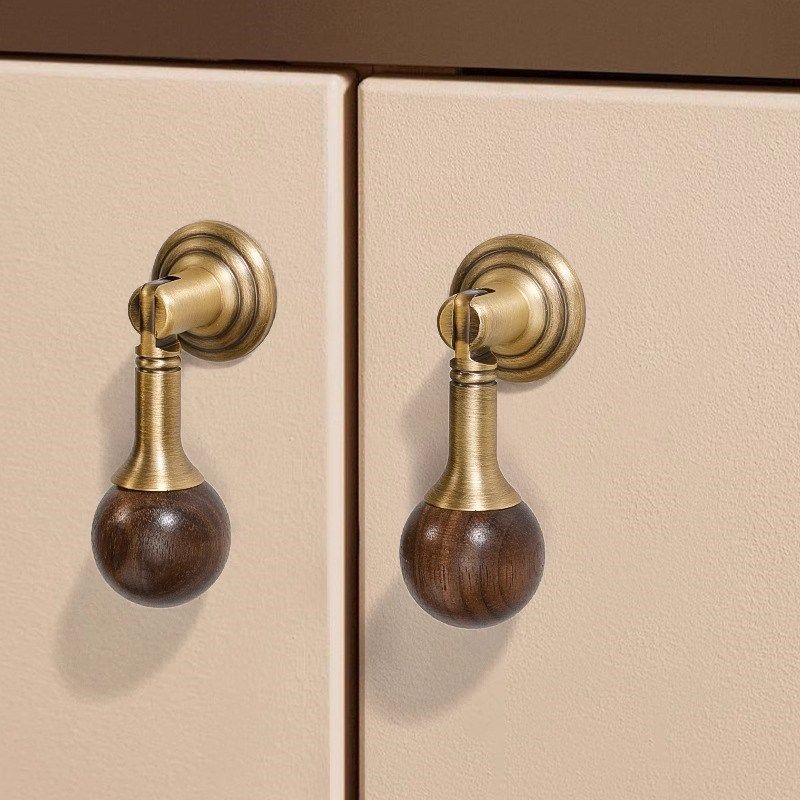 新中式儿童房原木单孔抽屉拉手圆球木质橱柜衣柜门黄铜实木把手