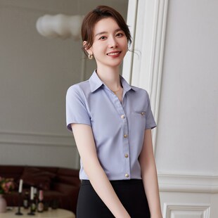 衬衫女夏款外穿蓝色短袖雪纺显瘦薄款工作服职业装气质夏正装衬衣