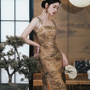 枕梦村庄 望秦川 复古国风新中式收腰开叉绑带气质吊带连衣裙新品