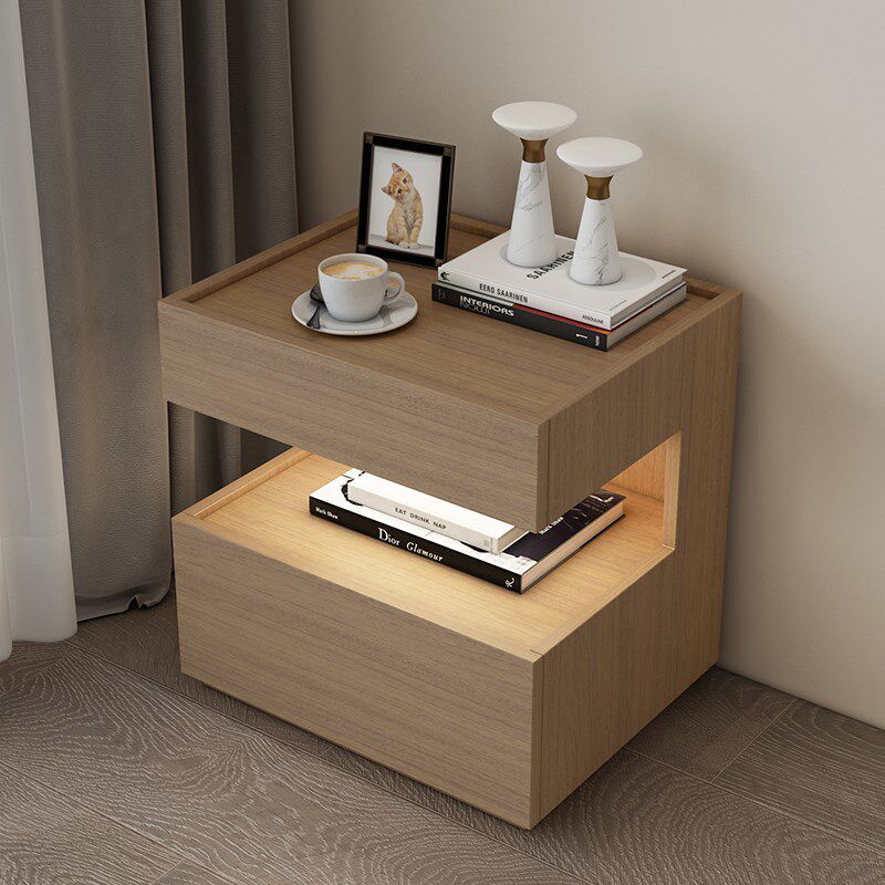 意式极简悬浮床头柜镂空式加灯实木床边柜北欧卧室床边储物收纳柜