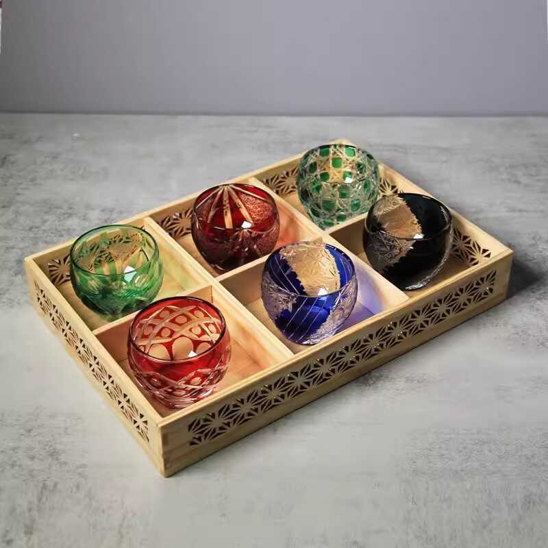 日式江沪切子清酒杯家用果酒杯手工雕刻杯烧酒杯九宫格甜酒杯套装