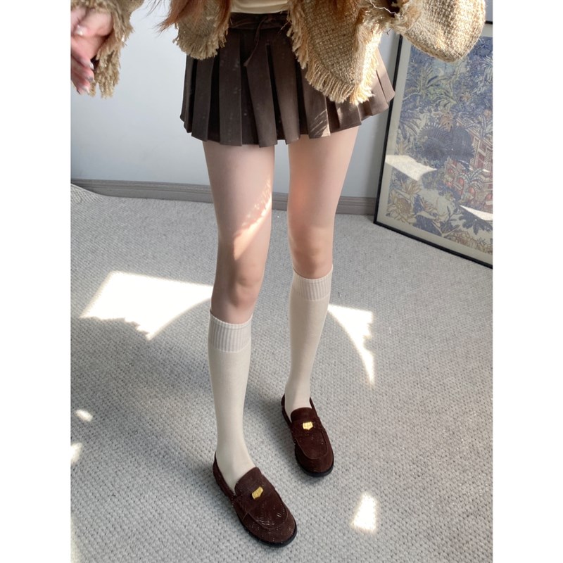 陆甜茶秋冬加绒JK白色小腿袜女羊毛泡泡袜咖啡色靴袜子灰色中筒袜