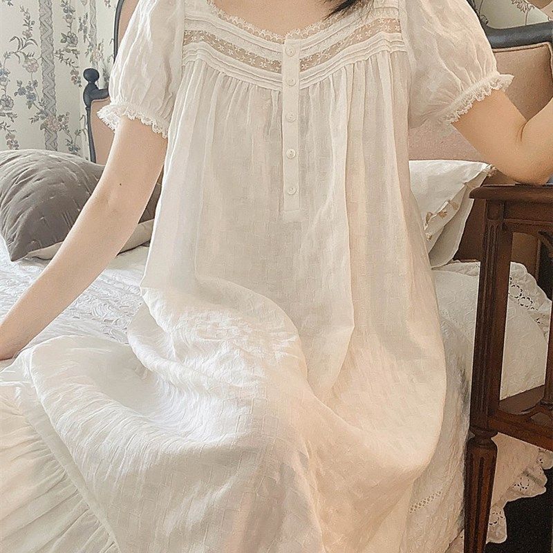 法式宫廷风公主睡裙纯棉夏季短袖睡衣女白色甜美全棉可外穿家居服