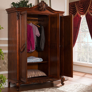美式全实木大衣柜三门复古挂衣柜欧式卧室两门大衣橱定制定做整装