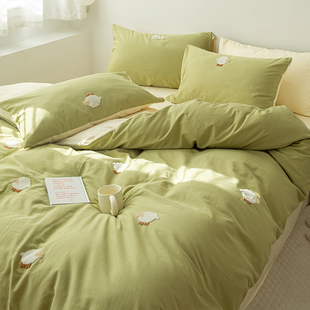 小绵羊毛巾绣全棉水洗棉四件套绿色小清新被套纯棉床单少女心床品