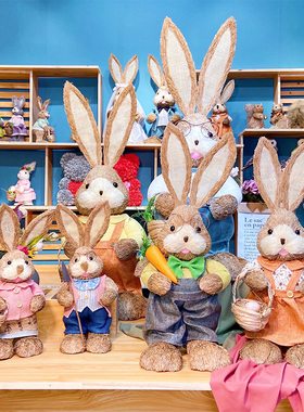 草编兔子森系手工制作婚庆装饰动物客厅大号家居饰品网红落地摆件