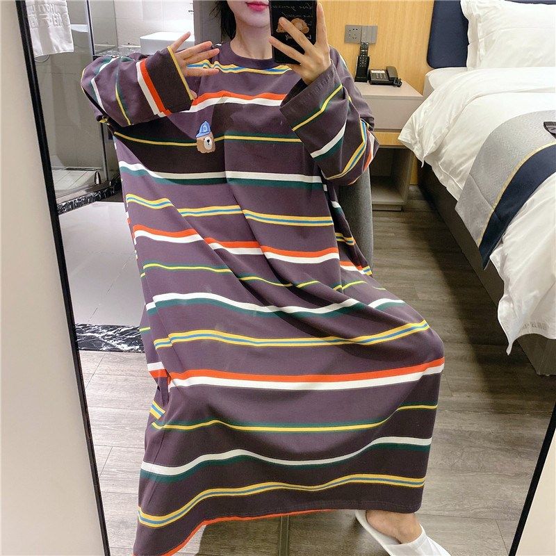 长款过膝睡裙女春秋纯棉可爱显瘦条纹睡衣大码胖mm200斤家居服,女士内衣/男士内衣/家居服,睡裙,淘宝优惠券,粉丝福利购,淘宝优惠卷