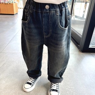 儿童百搭一体绒裤 新款 子 2024秋冬季 洋气复古男童深色加绒软牛仔裤