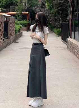 高个子加长版半身裙到脚踝超长灰色长裙春季高腰a字西装裙包臀175