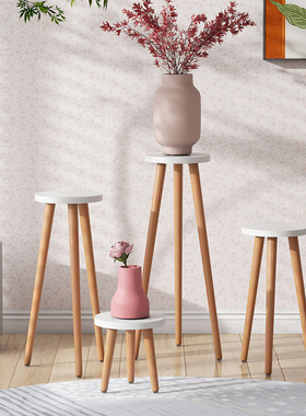 白色原木混搭花架子客厅落地式三脚花几家用电视柜旁花店实木展示