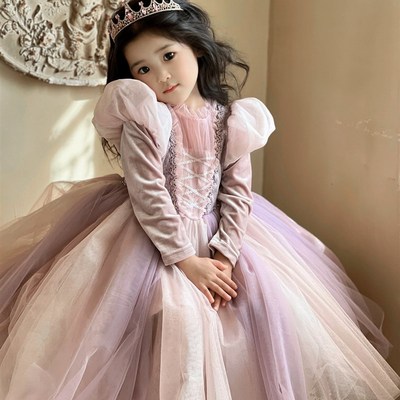 发光长发乐佩公主裙粉紫色女童蓬蓬纱连衣裙生日礼服裙斗篷秋冬