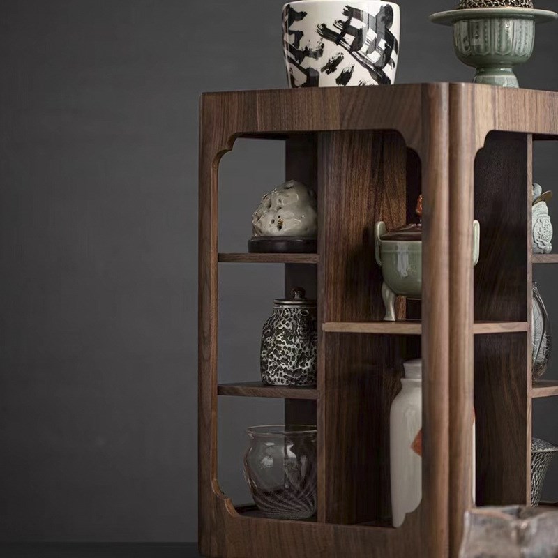 清欢丨胡桃木旋转玲珑阁 创意桌面收纳柜小型古玩茶具茶杯展示架