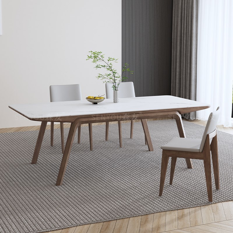 帆船台全实木白蜡木岩板餐桌椅组合长方形家用中古风黑色