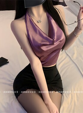 喵:御姐风荡领紫色挂脖OL秘书装禁欲系性感包臀裙气质制服套装女