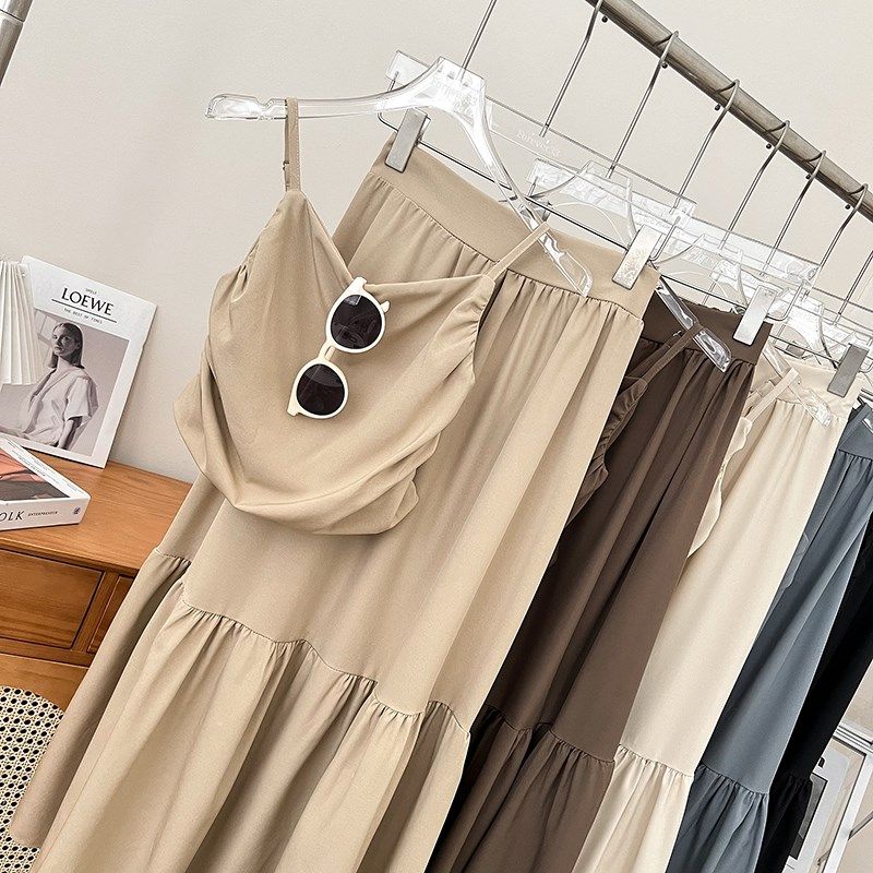 时尚褶皱短款吊带背心上衣+高腰显瘦荷叶边中长款半身裙两件套女,女装/女士精品,时尚套装,淘宝优惠券,粉丝福利购,淘宝优惠卷