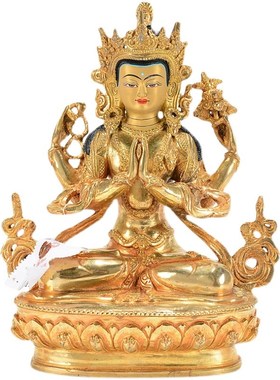 藏村7寸四臂观音铜鎏金彩绘铜像佛台家居桌面摆件观音菩萨铜像