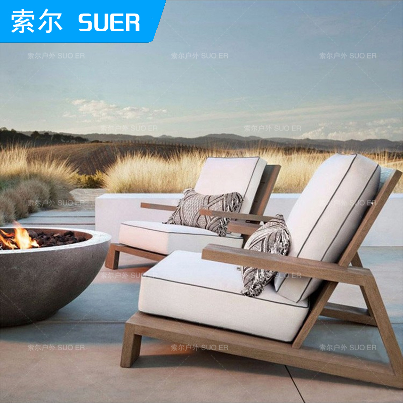 户外北欧实木转角沙发单人椅别墅露台室外柚木茶几组合庭院样板房