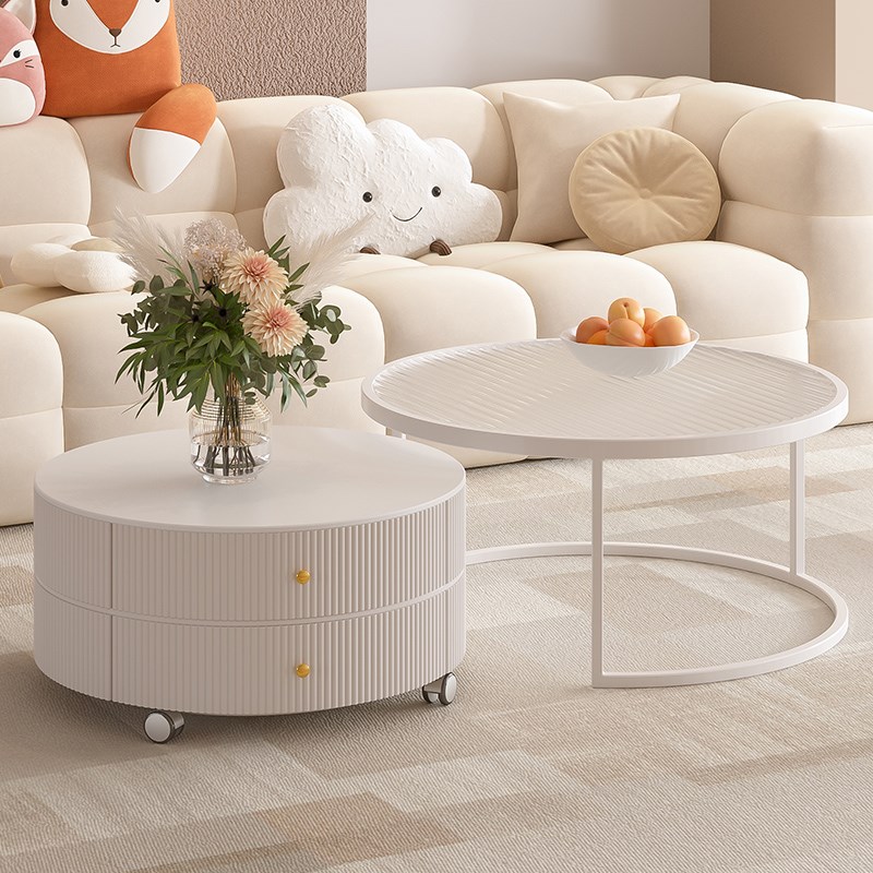 玻璃茶几客厅2024新款可移动奶油风轻奢客厅家用小户型圆形岩板桌