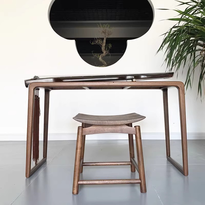 新中式实木古筝桌黑胡桃禅意琴桌琴凳榆木书法桌简约古琴桌凳共鸣