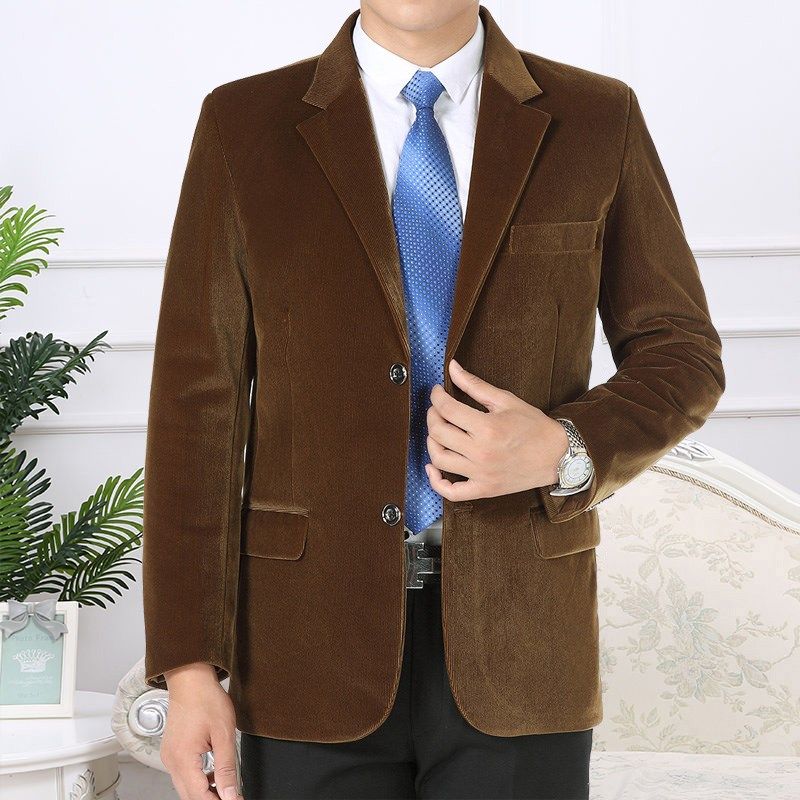中年男士粗条灯芯绒西装全棉外套休闲爸爸装单西春秋西服上衣宽松