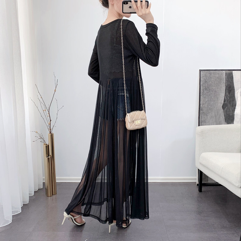 针织衫开衫女超长款黑色披肩网纱防晒衣春夏季长袖薄款外套空调衫