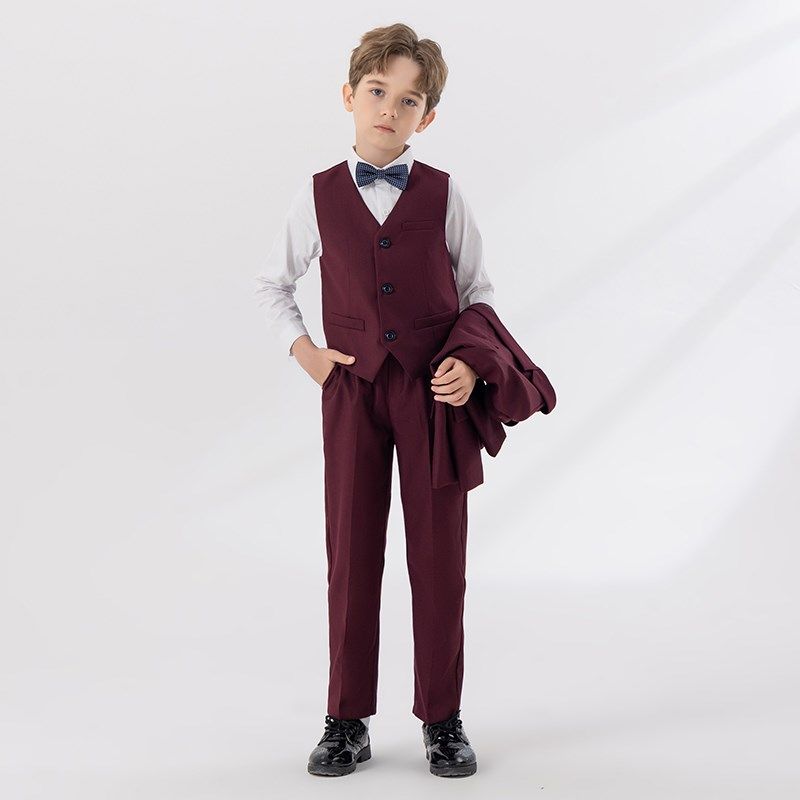 男童西装套装2024新款儿童中大童红色主持人礼服钢琴演出男孩西服