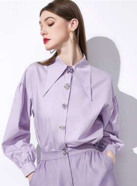 AUI紫色气质职业西装套装女2023秋季新款长袖西服高腰短裤两件套