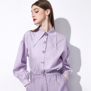 AUI紫色气质职业西装套装女2023秋季新款长袖西服高腰短裤两件套