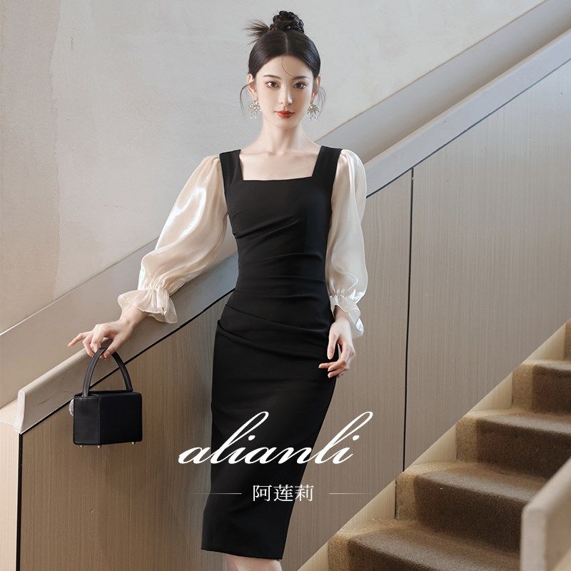 晚礼服裙女轻奢小众高端高级感黑色小个子年会主持人订婚日常可穿