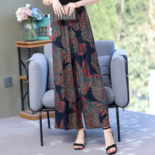 薄款 子女夏季 大码 宽松阔腿裤 中老年妈妈装 显瘦休闲九分裤 纯棉绸裤