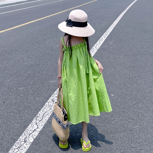 女童夏季海边度假吊带绿色连衣裙夏装旅游玩儿童女孩沙滩裙长裙子