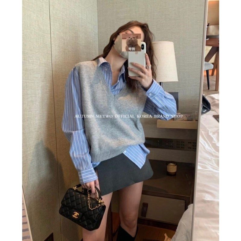 灰色马甲配衬衫女款v领针织衫秋冬2024新款学院外搭叠穿背心毛衣