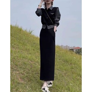 时尚小个子显瘦套装女2024秋新款假两件条纹衬衫马甲半身裙两件套
