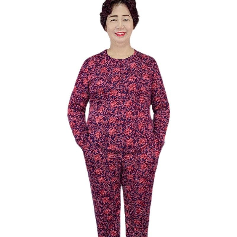 200斤加大码妈妈套装中老年女装秋冬装加绒加厚长袖上衣长裤冬季