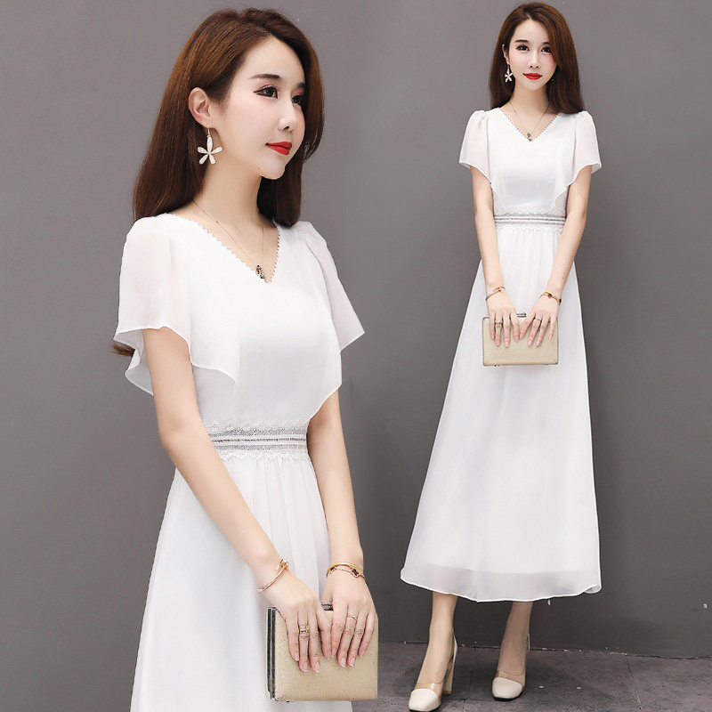 雪纺白色连衣裙修身显瘦长款名媛气质蕾丝裙子蝙蝠袖法式长裙女夏