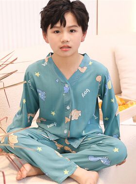 男童棉绸睡衣春秋季薄款长袖开衫套装儿童中大童夏季小女孩家居服