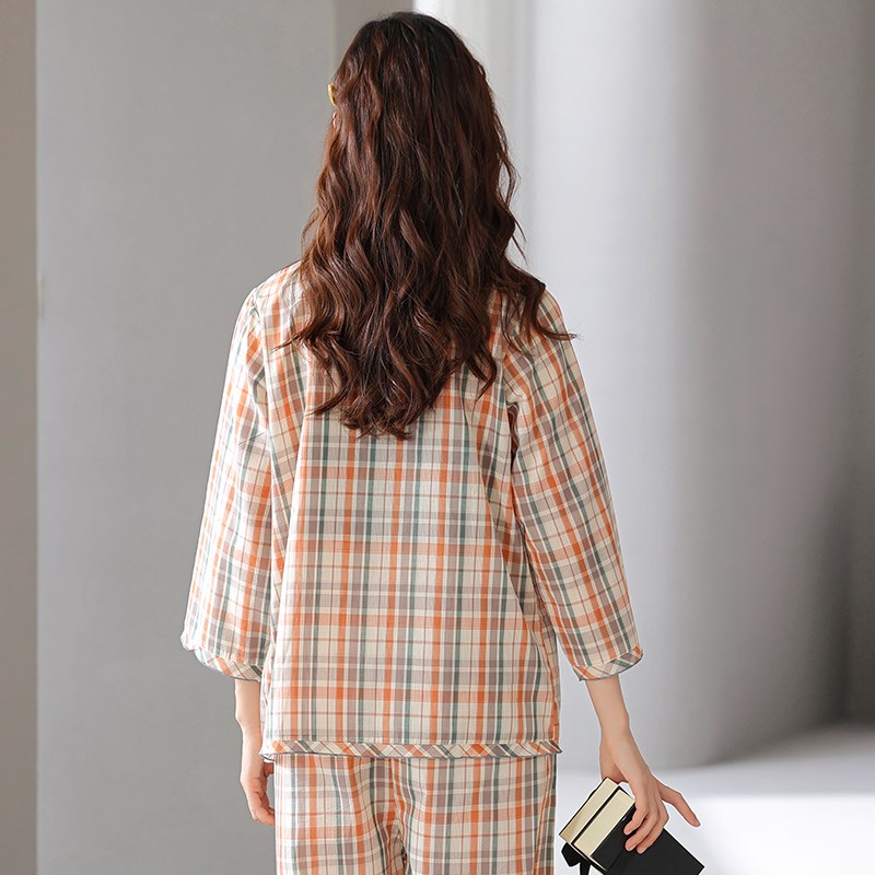 女士梭织纯棉睡衣七分袖开衫单件上衣宽松九分长袖家居服春夏季