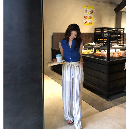 AloneSavor龙喜儿 lOO天然亚麻条纹阔腿裤松弛感松紧腰直筒裤Z116