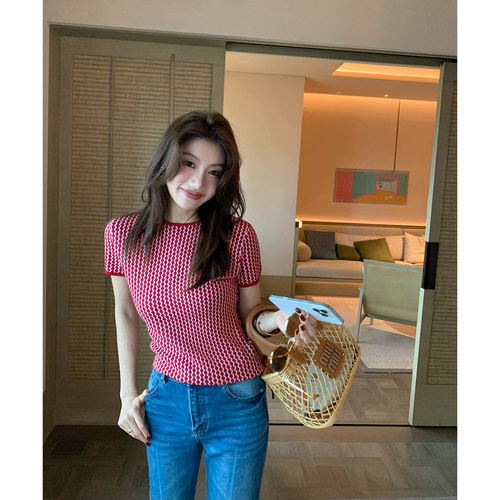 AloneSavor龙喜儿 1OO莱赛尔菱格提花针织衫夏季凉感短袖女Z073