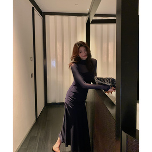 显瘦长裙女K140 优雅网纱拼接连衣裙收褶修身 Alone Savor龙喜儿