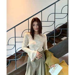 上衣女T106 喇叭袖 Alone Savor龙喜儿早秋精致弹力抽褶T恤圆领修身